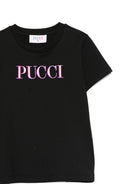 T-shirt per bambina Emilio Pucci Junior nero con logo ricamato - Rubino Kids