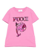 T-shirt per bambina Emilio Pucci Junior rosa con logo sul davanti - Rubino Kids