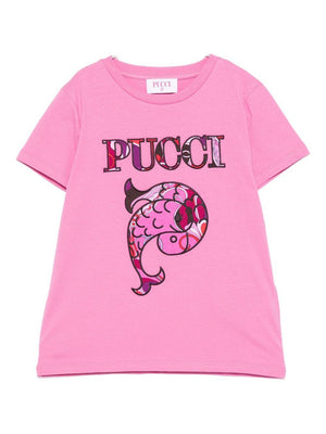 T-shirt per bambina Emilio Pucci Junior rosa con logo sul davanti