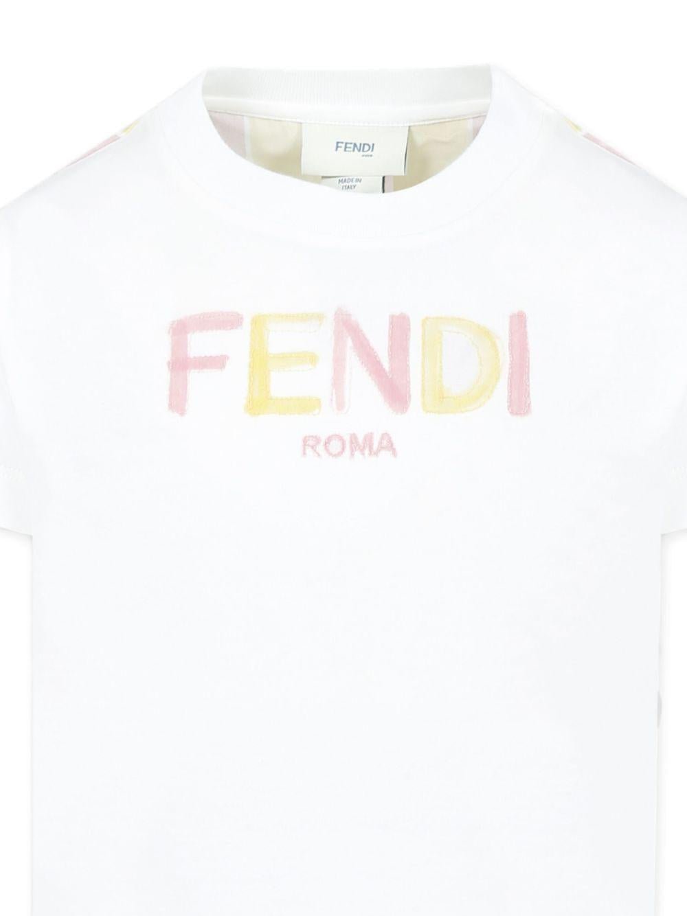 T-shirt per bambina Fendi Kids bianco con logo sul davanti e righe verticali sul retro - Rubino Kids