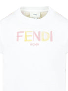 T-shirt per bambina Fendi Kids bianco con logo sul davanti e righe verticali sul retro - Rubino Kids