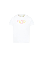 T-shirt per bambina Fendi Kids bianco con logo sul davanti e righe verticali sul retro - Rubino Kids
