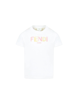 T-shirt per bambina Fendi Kids bianco con logo sul davanti e righe verticali sul retro
