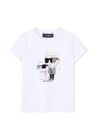 T-shirt per bambina Karl Lagerfeld Kids bianca con stampa Karl e Choupette sul davanti - Rubino Kids