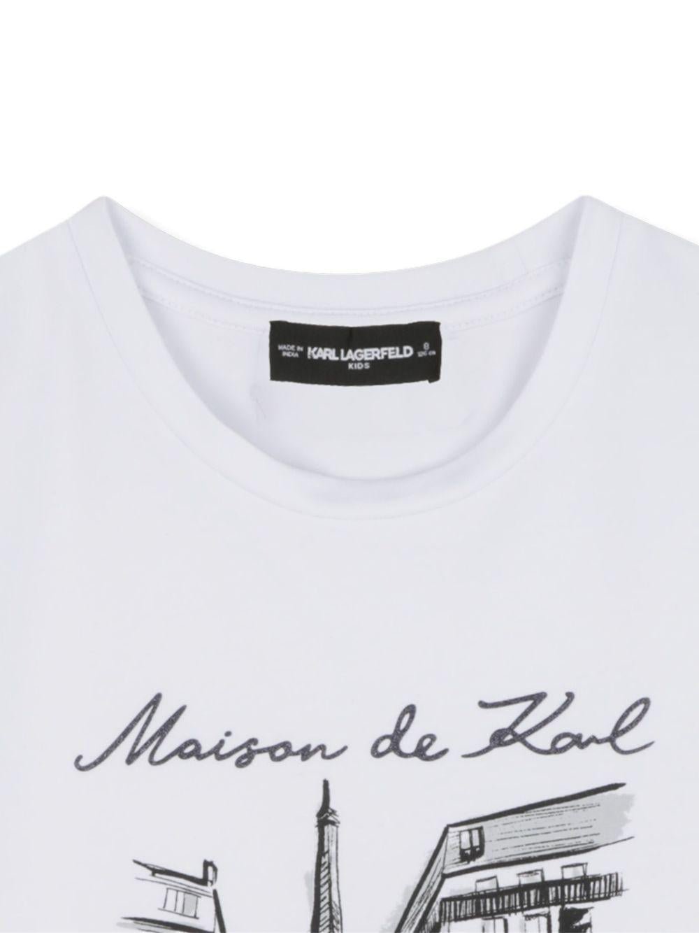 T-shirt per bambina Karl Lagerfeld Kids bianca con stampa Maison de Karl - Rubino Kids