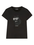 T-shirt per bambina Karl Lagerfeld Kids nero con stampa grafica con strass - Rubino Kids