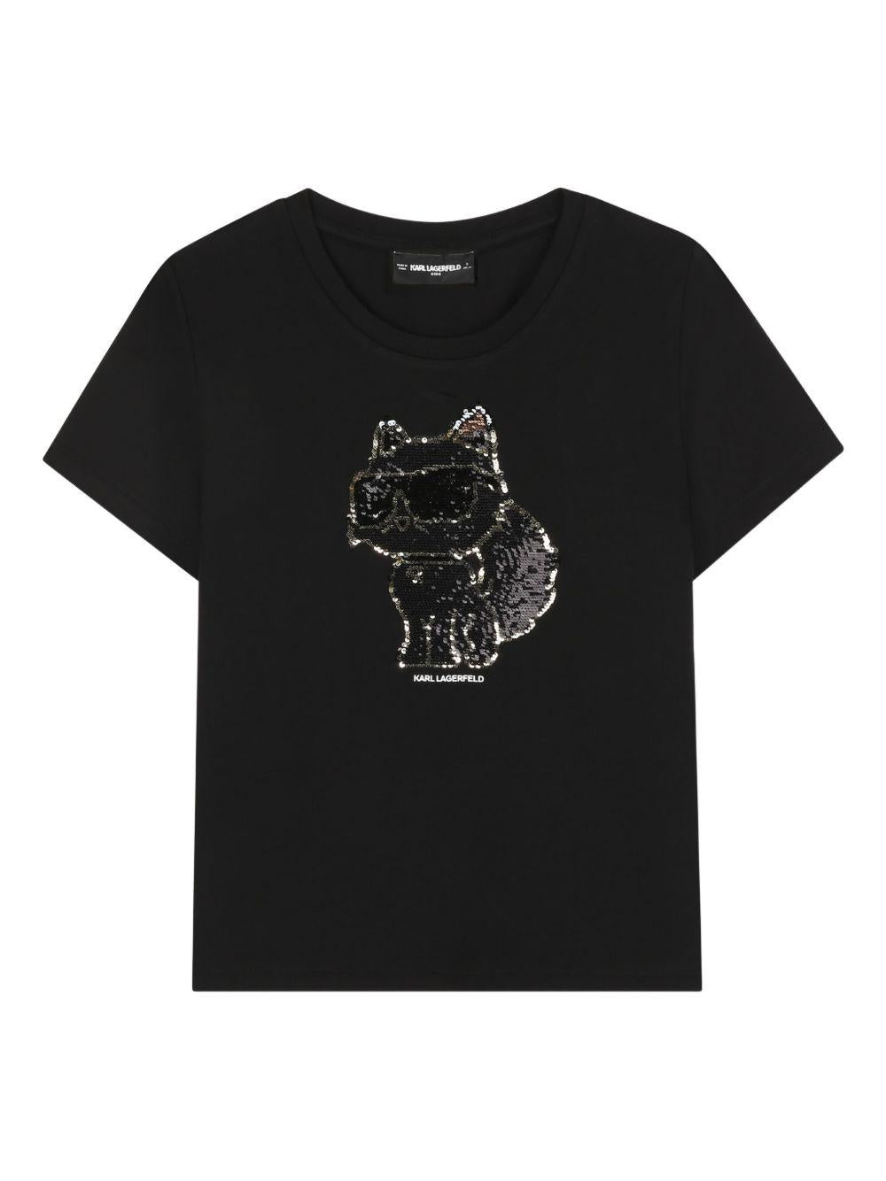 T-shirt per bambina Karl Lagerfeld nera con motivo Choupette con paillettes - Rubino Kids