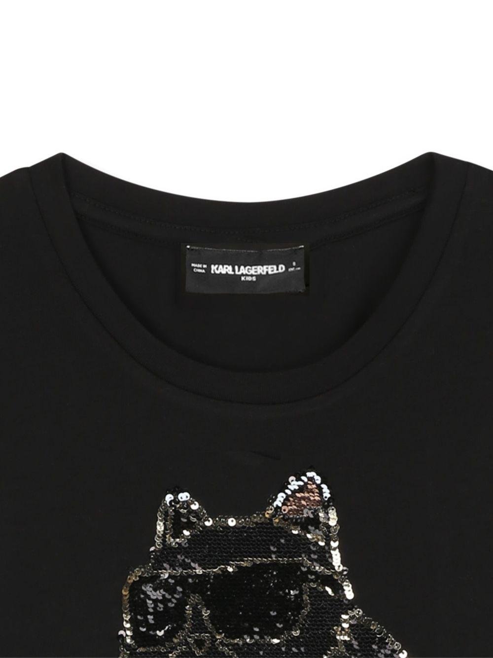 T-shirt per bambina Karl Lagerfeld nera con motivo Choupette con paillettes - Rubino Kids