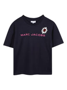 T-shirt per bambina Marc Jacobs Kids blu con ricamo a fiori e scritta con logo - Rubino Kids