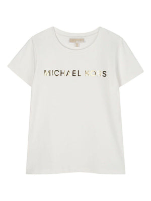 T-shirt per bambina Michael Kors Kids bianco con logo dorato