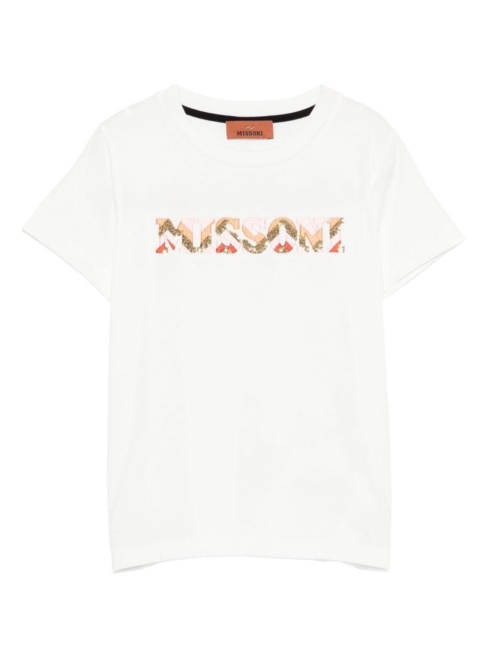 T-shirt per bambina Missoni Kids bianco con logo di paillettes - Rubino Kids
