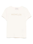 T-shirt per bambina Moncler Enfant beige chiaro con logo ricamato sul davanti - Rubino Kids