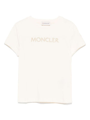 T-shirt per bambina Moncler Enfant beige chiaro con logo ricamato sul davanti