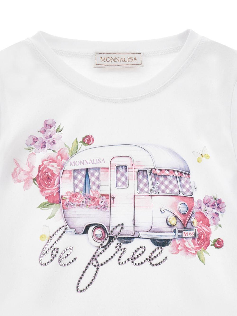 T-shirt per bambina Monnalisa bianca con grafica e decorazioni in strass - Rubino Kids