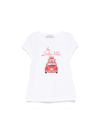 T-shirt per bambina Monnalisa bianco con stampa grafica e decorazione strass - Rubino Kids