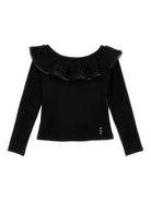 T-shirt per bambina Monnalisa nera con colletto con increspature - Rubino Kids