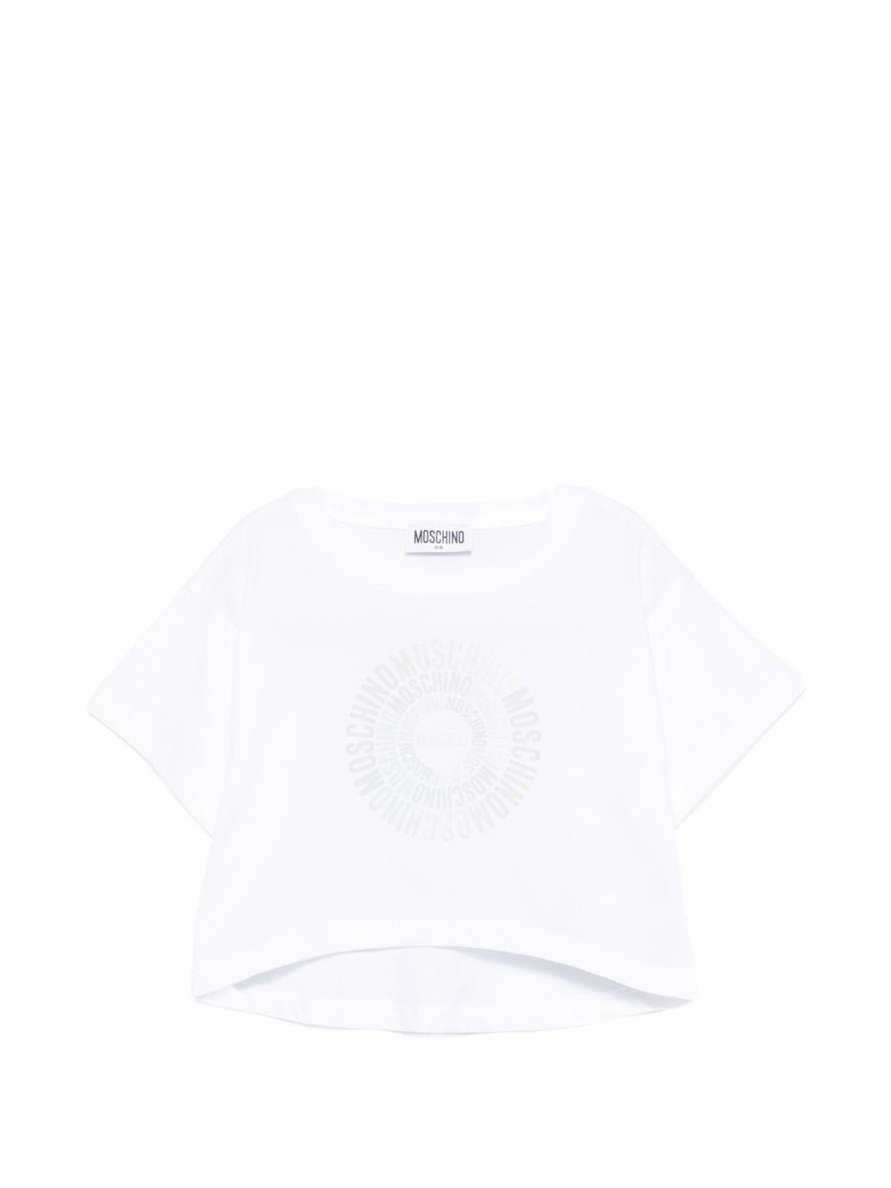T-shirt per bambina Moschino Kids bianca con design crop - Rubino Kids