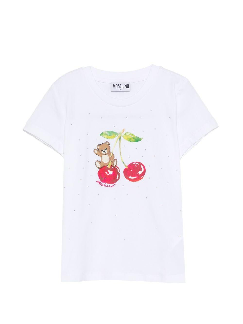 T-shirt per bambina Moschino Kids bianca con grafica ciliegia - Rubino Kids