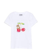 T-shirt per bambina Moschino Kids bianca con grafica ciliegia - Rubino Kids