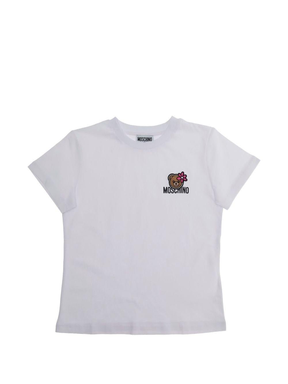 T-shirt per bambina Moschino Kids bianca con ricamo orsetto - Rubino Kids