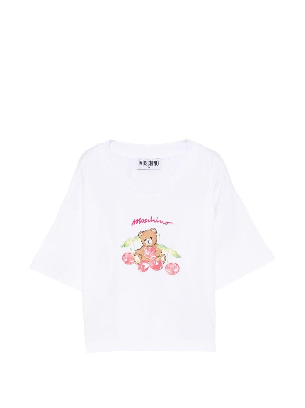 T-shirt per bambina Moschino Kids bianca con stampa Teddy Bear - Rubino Kids