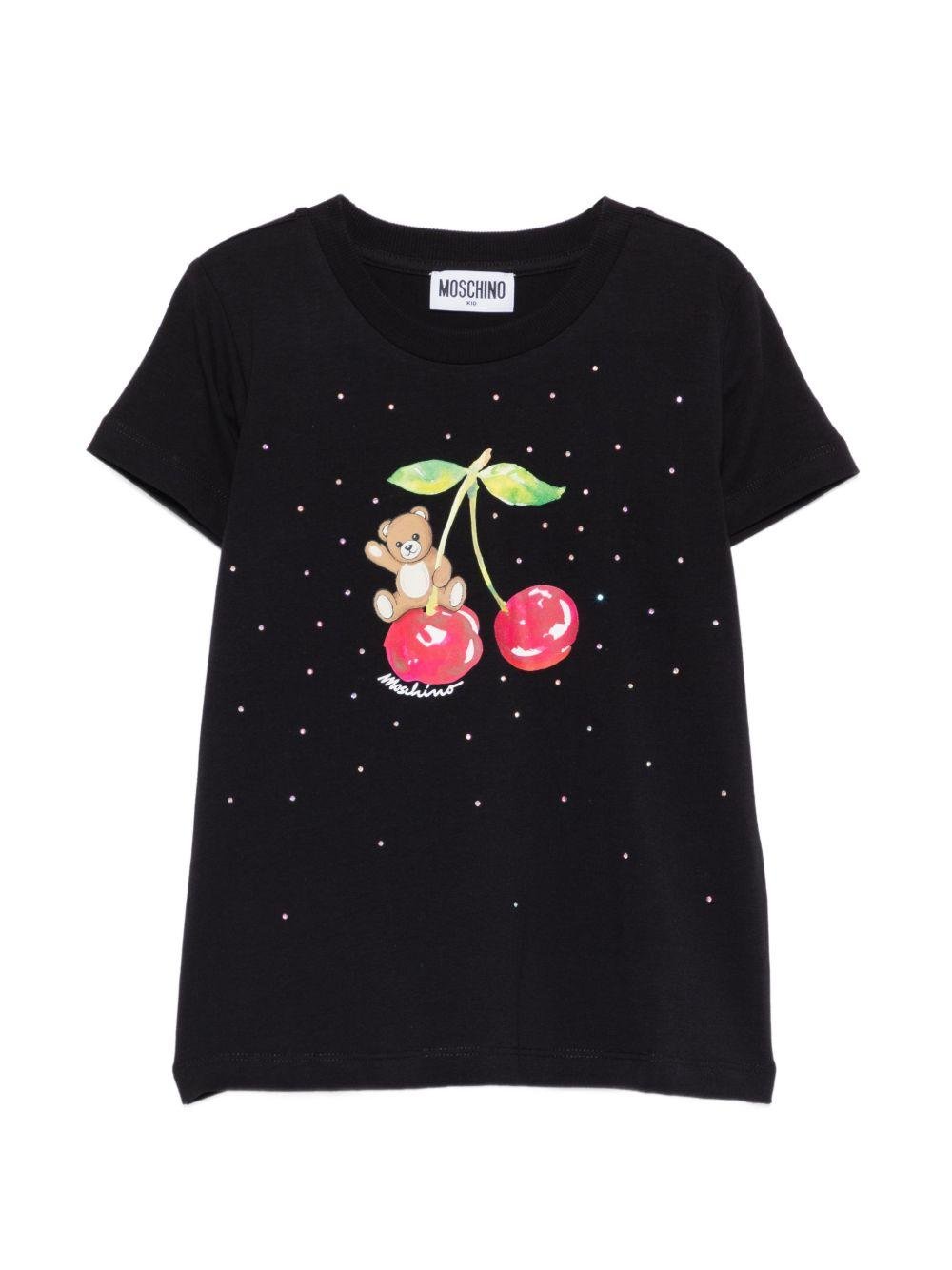 T-shirt per bambina Moschino Kids nera con stampa ciliegie - Rubino Kids