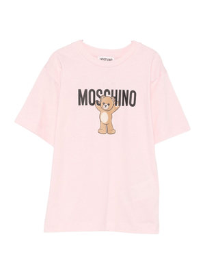 T-shirt per bambina Moschino Kids rosa con stampa logo e scritta