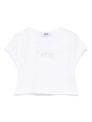 T-shirt per bambina MSGM Kids bianco in jersey elasticizzato con ricamo con logo frontale