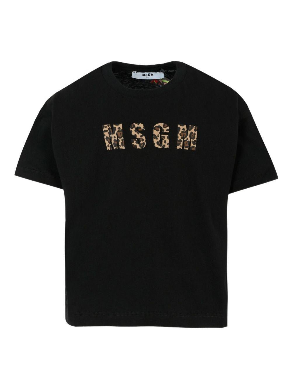 T-shirt per bambina MSGM Kids nera con logo leopardato - Rubino Kids