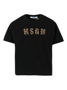 T-shirt per bambina MSGM Kids nera con logo leopardato - Rubino Kids