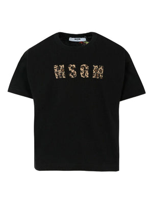 MSGM Kids black T-shirt for girls with leopard logo