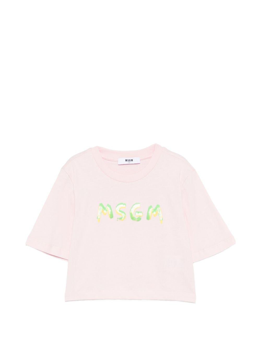 T-shirt per bambina MSGM Kids rosa modello crop - Rubino Kids