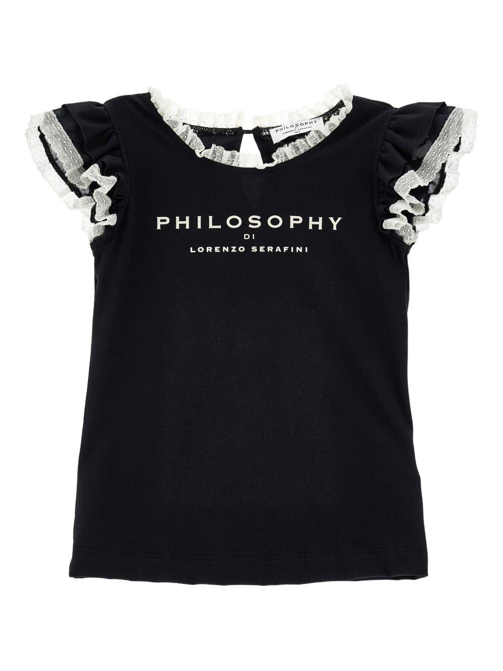 T-shirt per bambina Philosophy di Lorenzo Serafini Kids nera con ruches - Rubino Kids