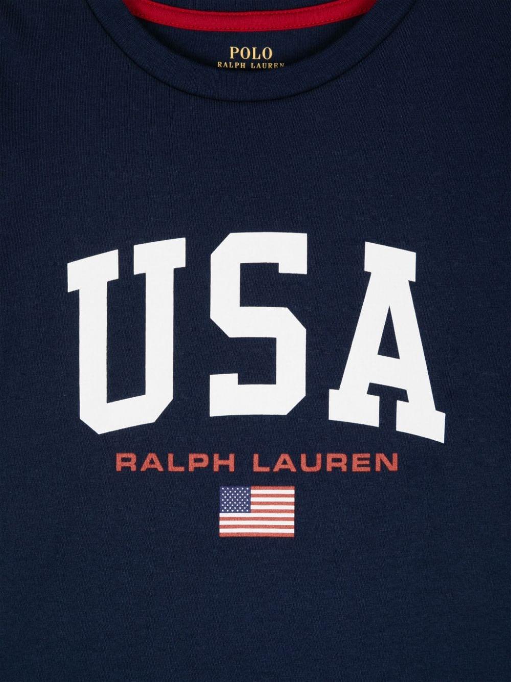 T-shirt per bambina Ralph Lauren Kids blu in cotone con stampa logo - Rubino Kids