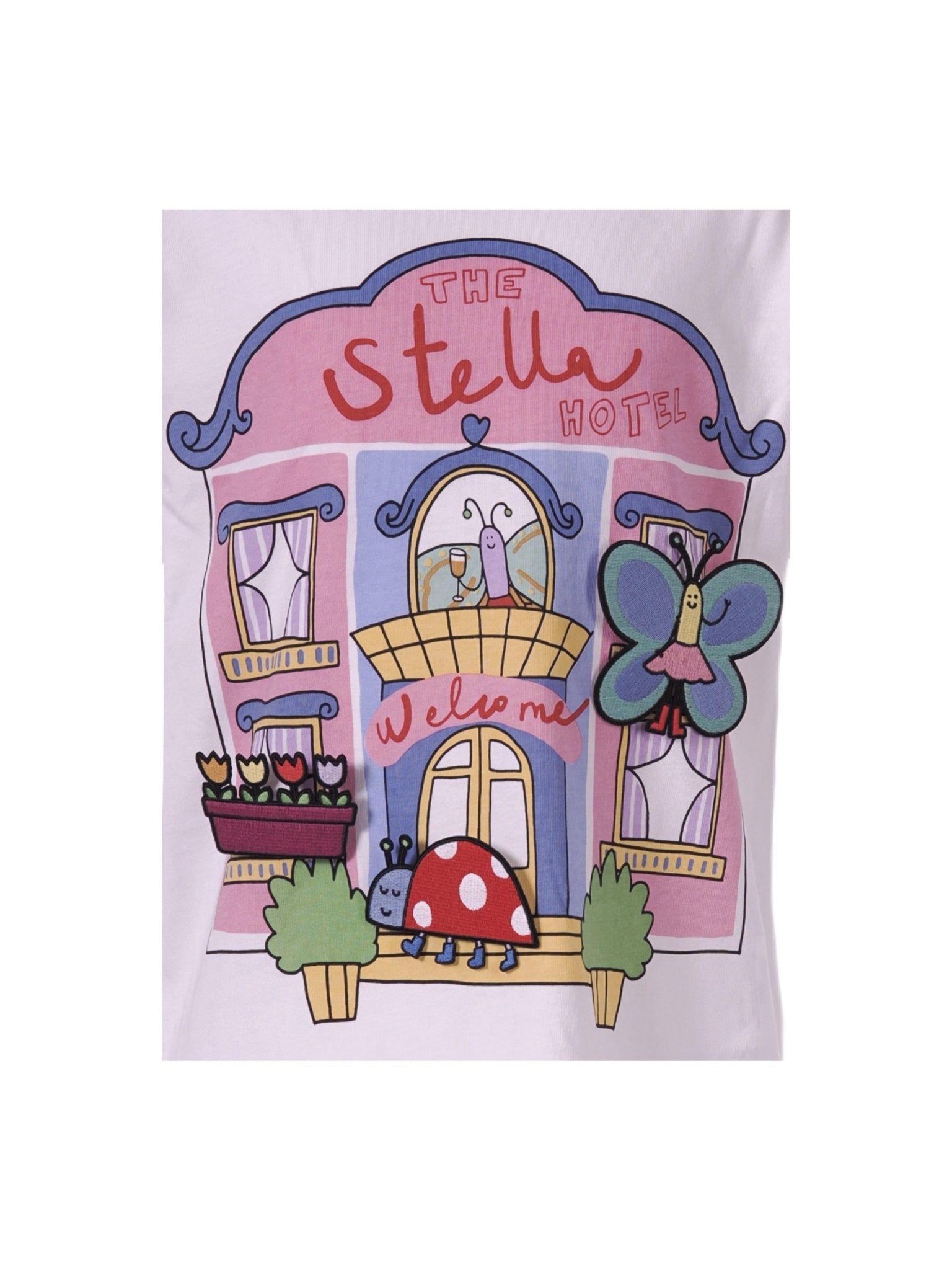 T-shirt per bambina Stella McCartney Kids bianca con scritta "The Stella Hotel" - Rubino Kids