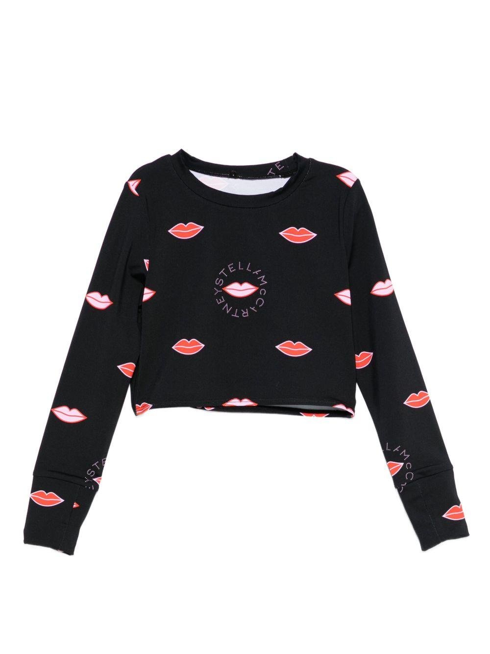 T-shirt per bambina Stella McCartney Kids nera con stampa labbra - Rubino Kids