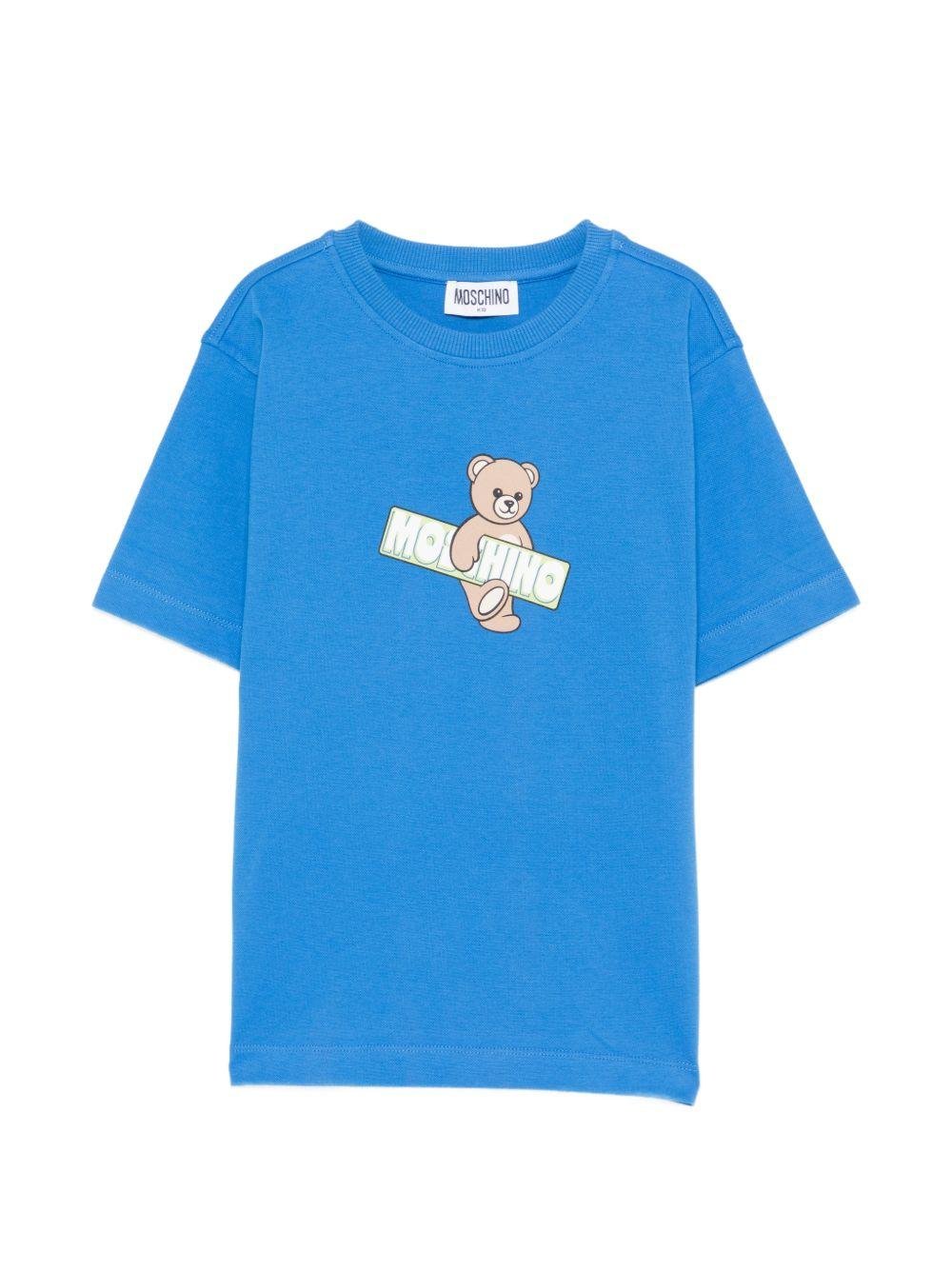 T-shirt per bambini Moschino Kids azzurra con stampa Teddy Bear sul davanti - Rubino Kids
