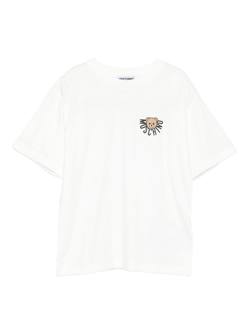 T-shirt per bambini Moschino Kids bianca con logo e teddy - Rubino Kids