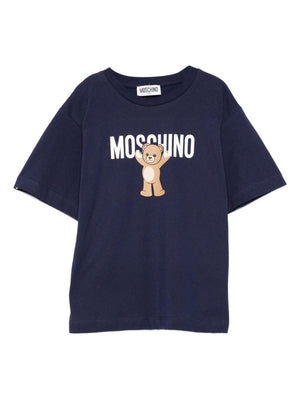 T-shirt per bambini Moschino Kids blu con stampa logo e scritta