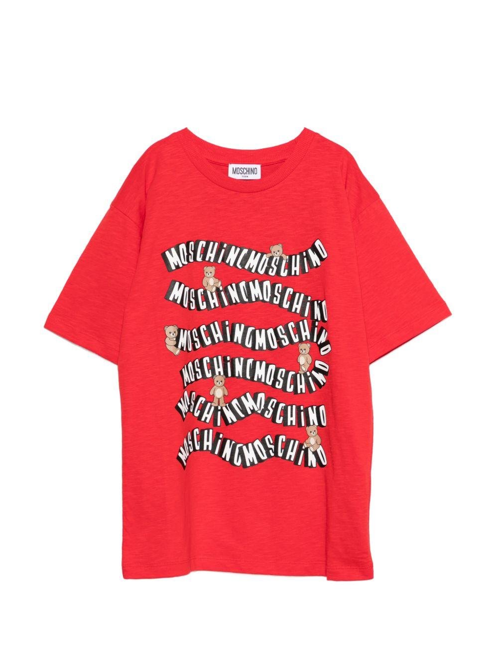 T-shirt per bambini Moschino Kids rossa con stampa logo ondulata - Rubino Kids