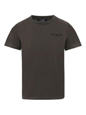 T-shirt per bambino Balmain Kids grigio scuro con logo ricamato sul petto
