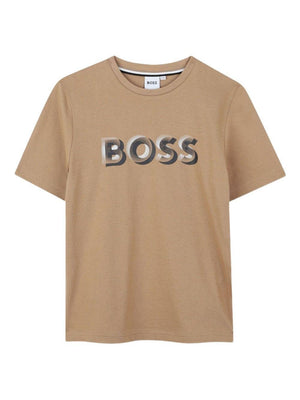 T-shirt per bambino Boss Kids beige con logo a contrasto
