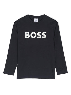 T-shirt per bambino Boss Kids blu con stampa logo sul davanti