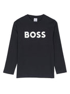 T-shirt per bambino Boss Kids blu con stampa logo sul davanti - Rubino Kids