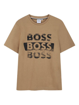T-shirt per bambino BOSS Kids marrone con stampa logo