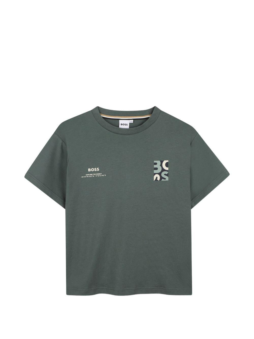 T-shirt per bambino Boss Kidswear verde con logo sul petto - Rubino Kids