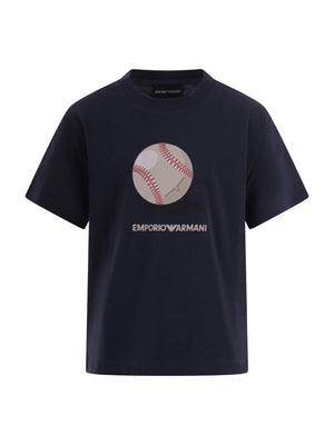 T-shirt per bambino Emporio Armani Kids blu con stampa pallina da baseball