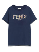 T-shirt per bambino Fendi Kids blu con logo decorato a fiori - Rubino Kids