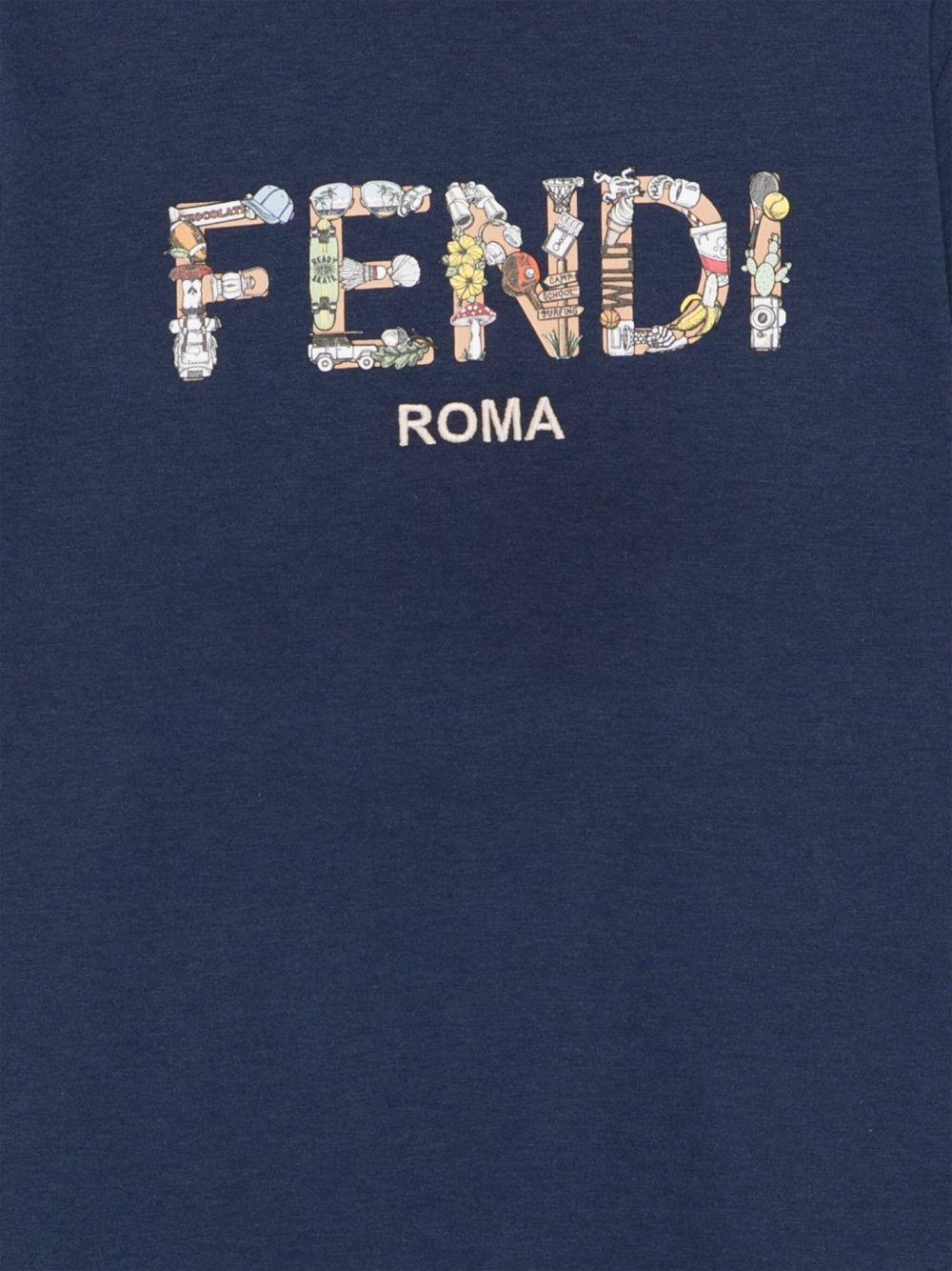 T-shirt per bambino Fendi Kids blu con logo decorato a fiori - Rubino Kids