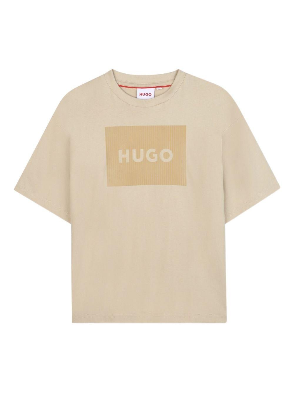 T-shirt per bambino Hugo Kids beige con applicazione logo - Rubino Kids